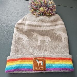 Kids Unicorn Beanie with Rainbow Trim. Believe With Pom Pom.